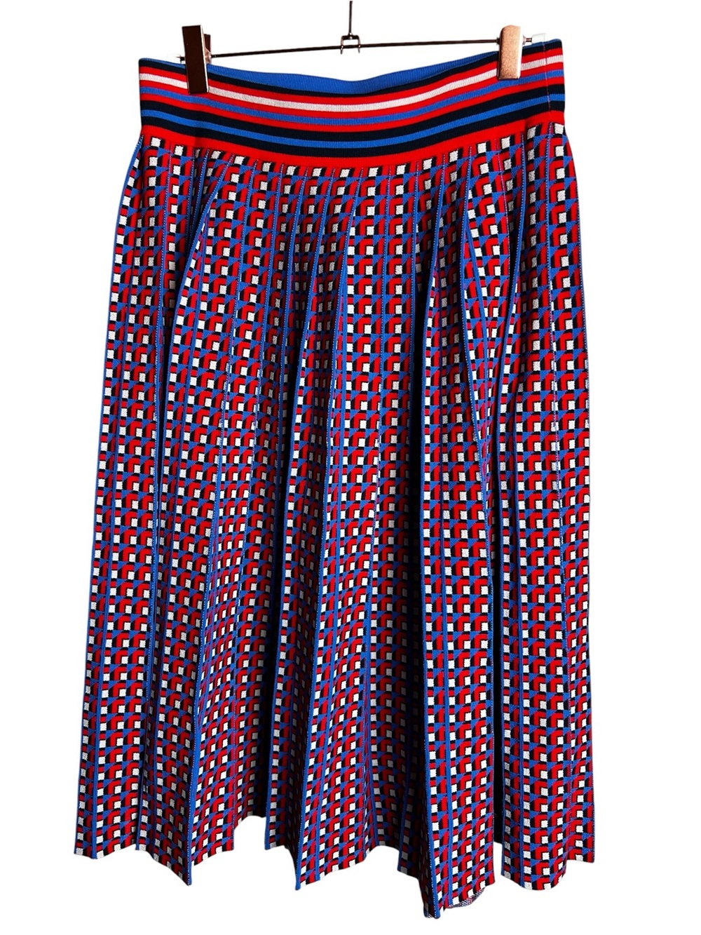Banana Republic Red and Blue Geometric Pleated Midi Skirt Size Medium
